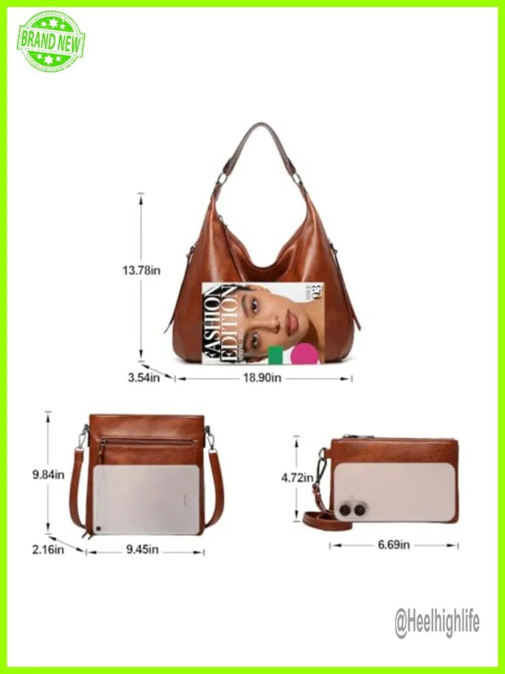 PU Leather 3-in-1 Hobo Crossbody Shoulder Handbag Set Large Capacity